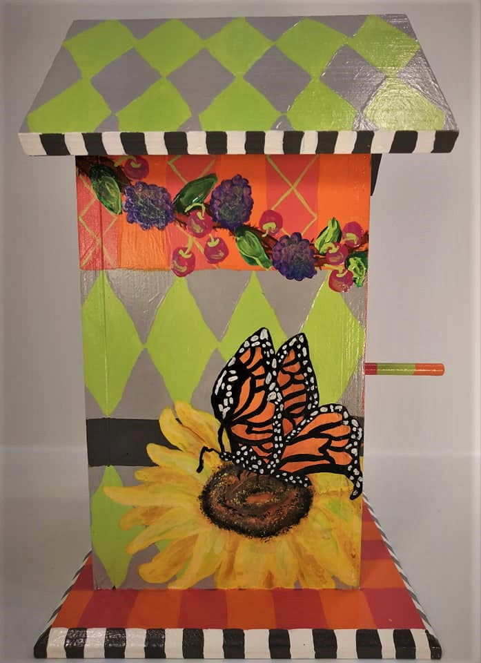 Birdhouse with Sunflowers, Blackberries and Butterflies